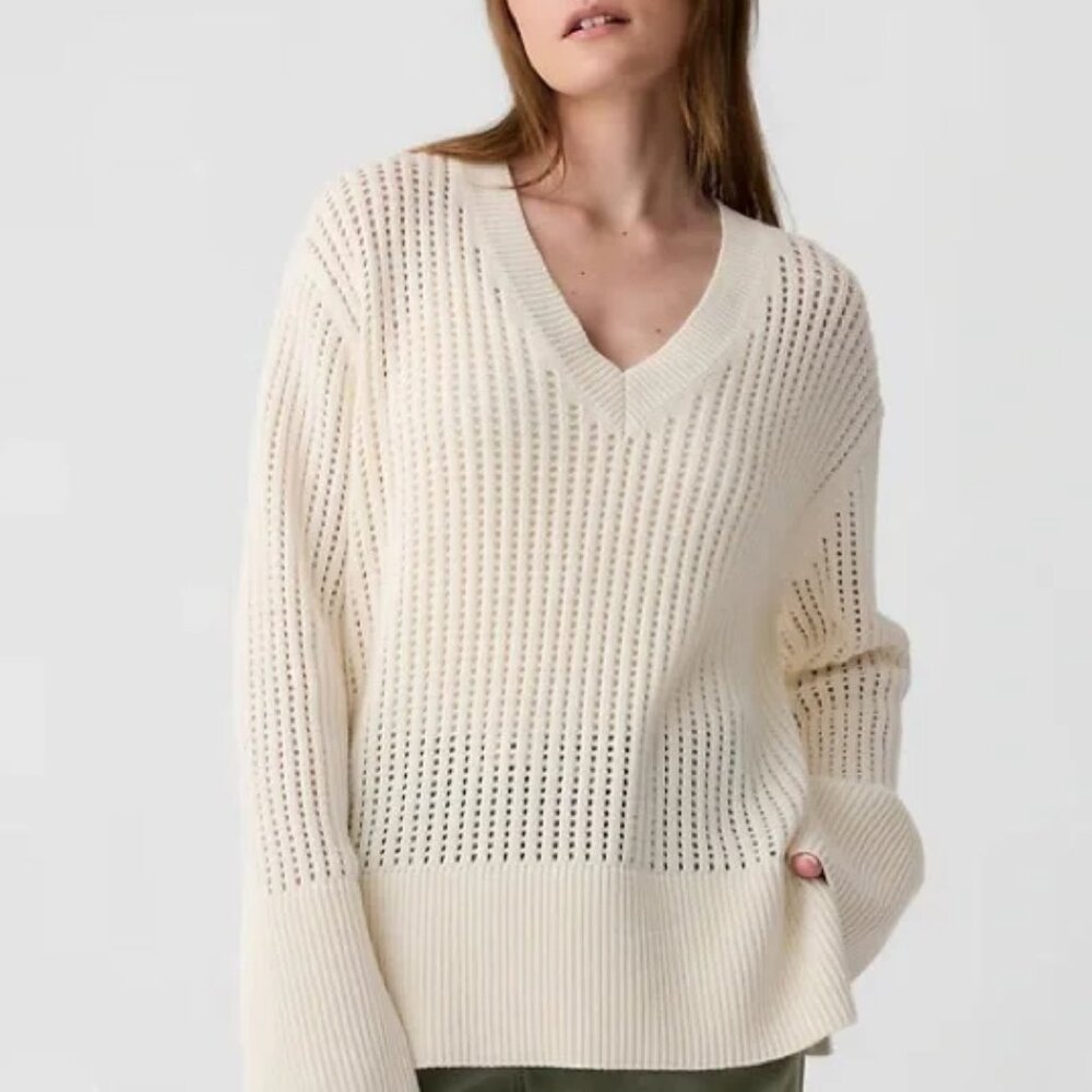 GAP Bainbridge Blue Relaxed Crochet V-Neck Sweater/NWT/S - Picture 2 of 16